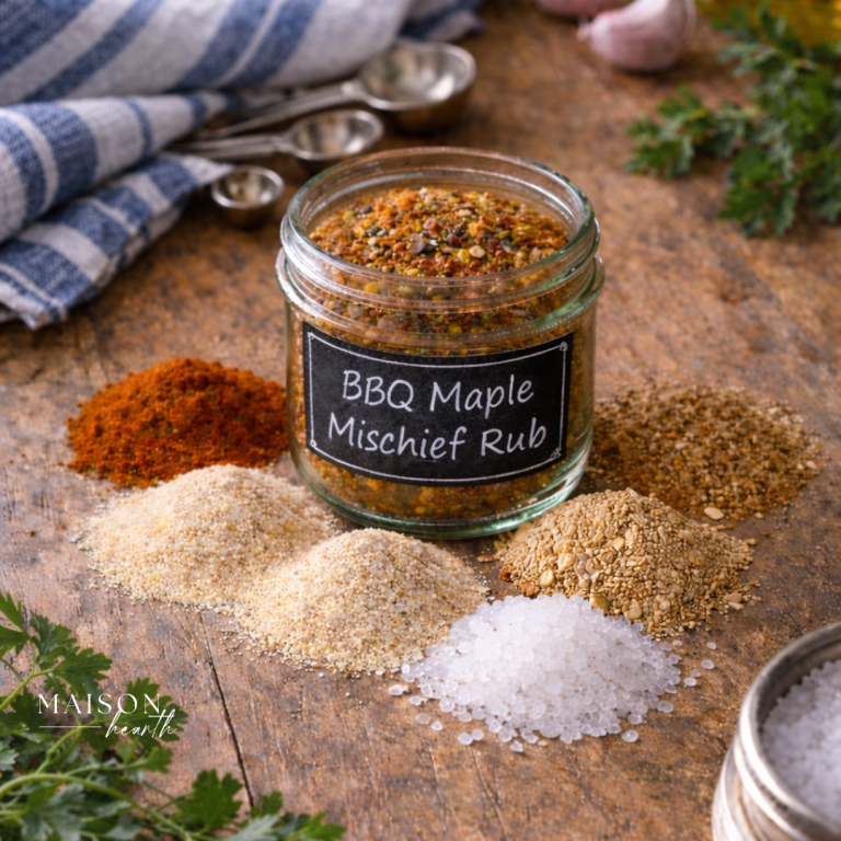 Sweet maple BBQ dry rub in a labeled jar with paprika, salt, sesame seeds, and spices arranged around it.