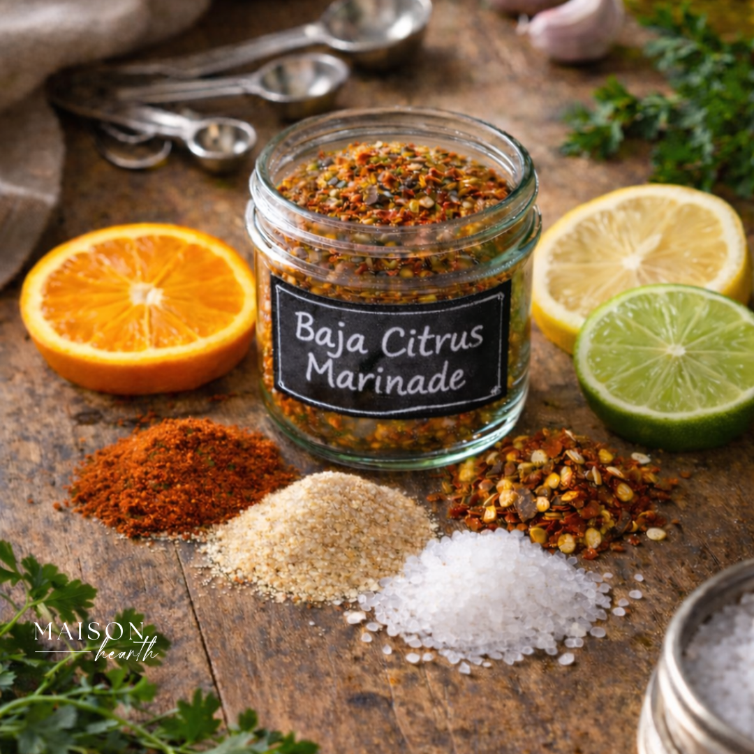 Rustic kitchen scene with a glass jar labeled Baja Citrus Marinade surrounded by colorful spices, fresh citrus slices, and herbs on a wooden surface, with measuring spoons and garlic in the background.