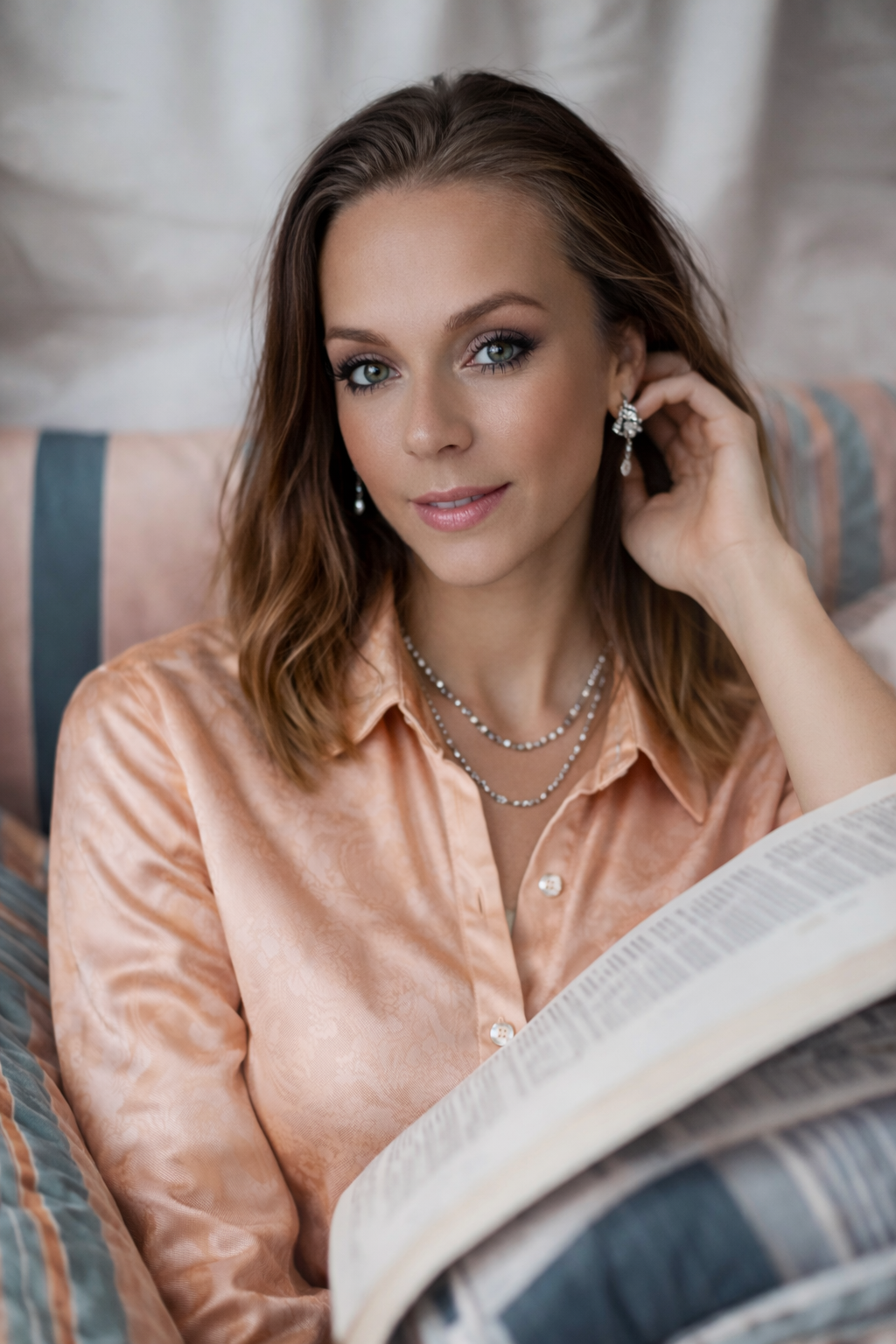Person wearing a peach satin shirt with earrings and layered necklaces while sitting on a striped cushion and reading an open book in a softly lit setting.