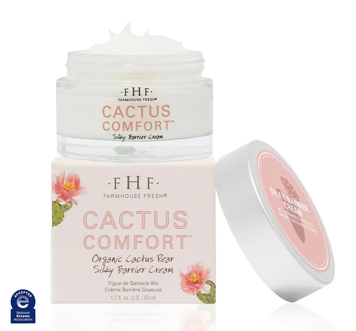 A jar of Cactus Comfort Silky Barrier Cream displayed on top of its box with the lid off, showing the white cream inside.