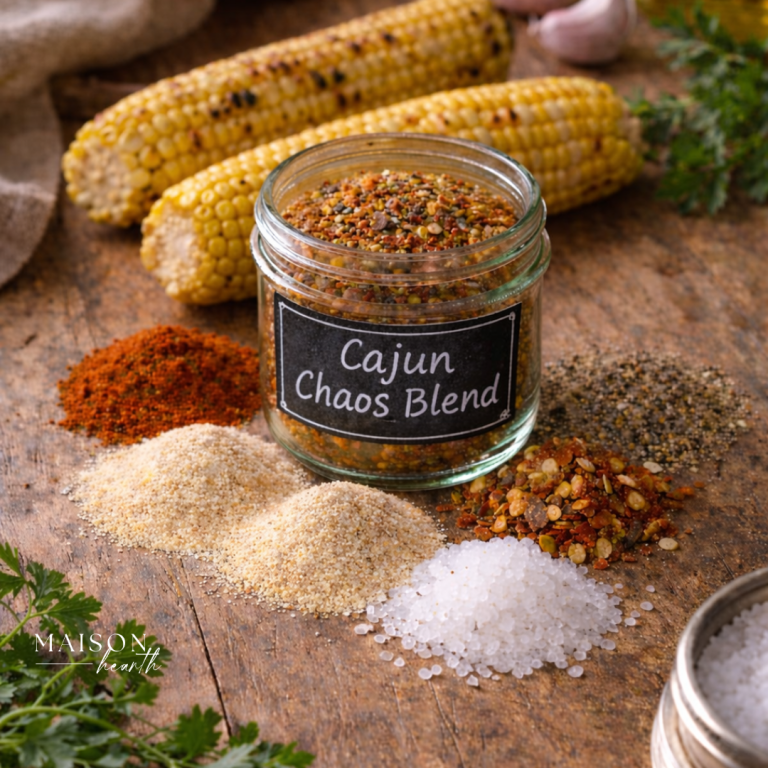 Jar of Cajun seasoning labeled “Cajun Chaos Blend,” surrounded by colorful spices, garlic, parsley, and grilled corn on a rustic wooden board