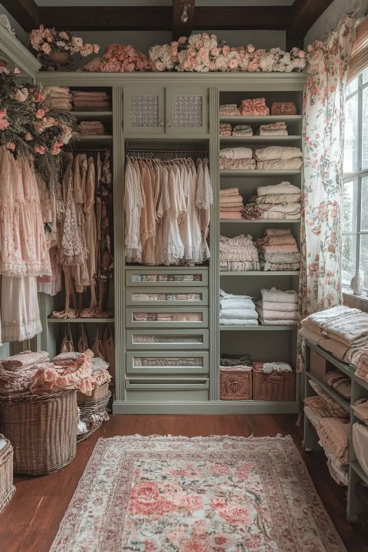 Vintage-inspired walk‑in closet with pastel clothing, sage green cabinetry, lace fabrics, wicker baskets, and soft natural light creating a cozy, feminine, romantic aesthetic.
