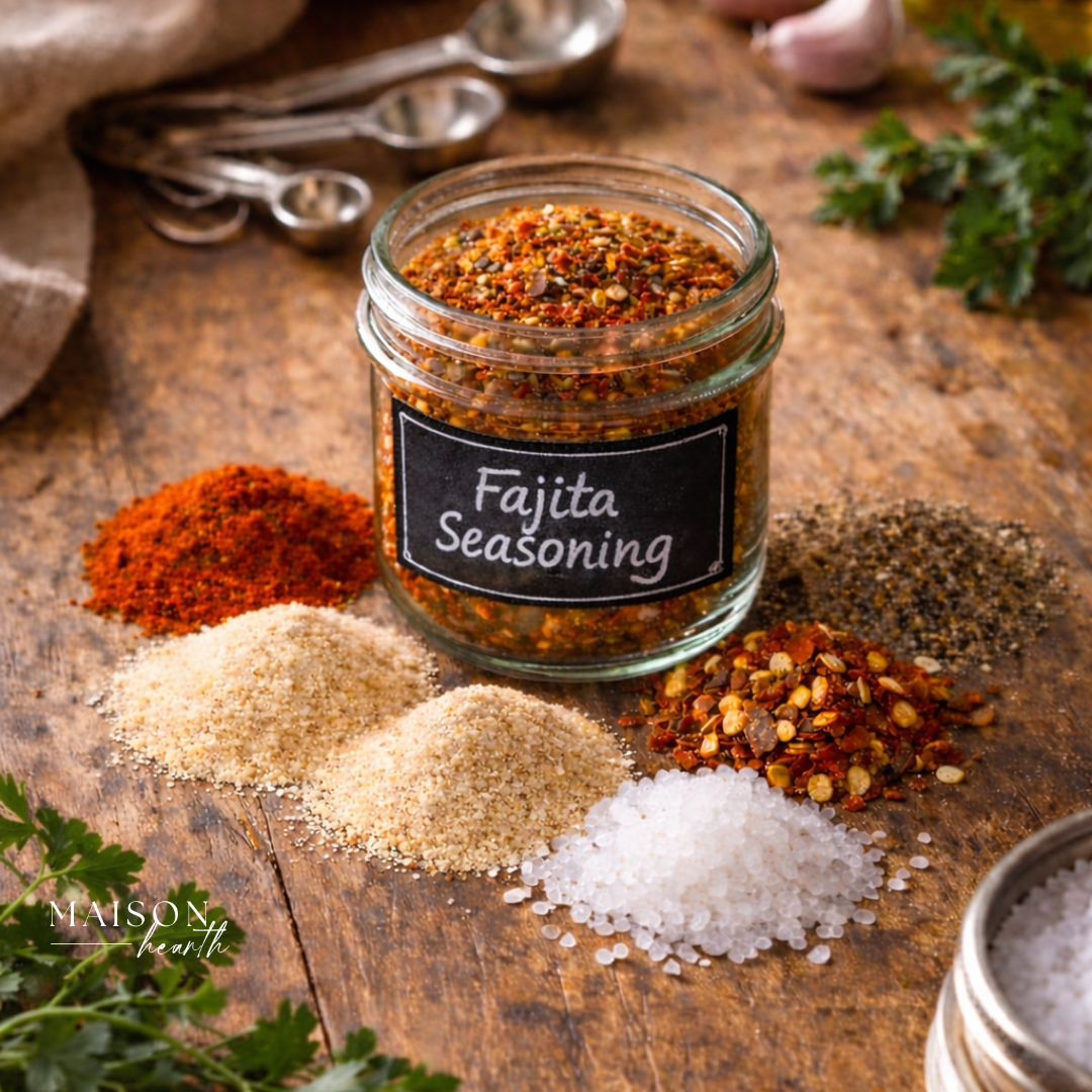Rustic kitchen scene with a glass jar labeled fajita seasoning surrounded by colorful piles of spices on a wooden surface, with garlic cloves, metal measuring spoons, and fresh herbs in the background.