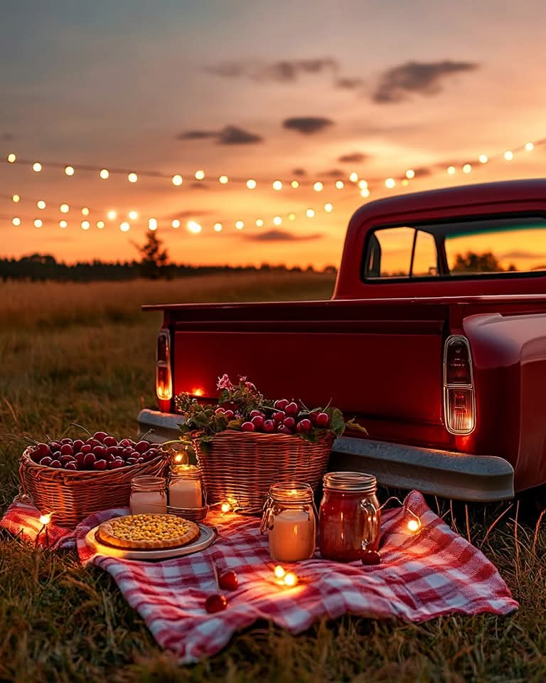 Cozy sunset picnic beside a red vintage pickup truck with string lights, a checkered blanket, baskets of fresh produce, jars of drinks, and warm decorative lighting in a grassy field.