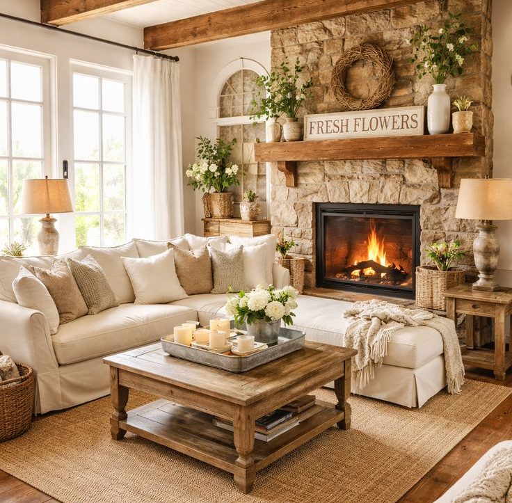 Cozy farmhouse living room with a white sectional sofa, stone fireplace, wooden coffee table, jute rug, and rustic floral décor.
