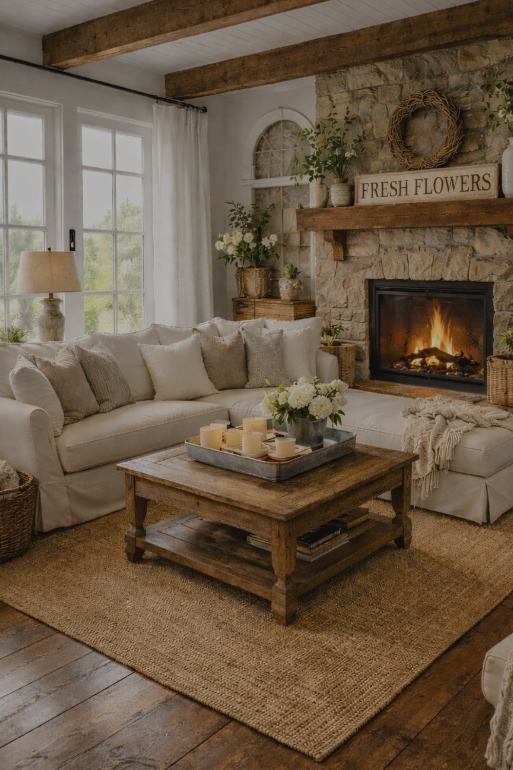 Cozy rustic living room with a beige sectional sofa, wooden coffee table, stone fireplace, woven rug, and natural light from large windows. The Blog