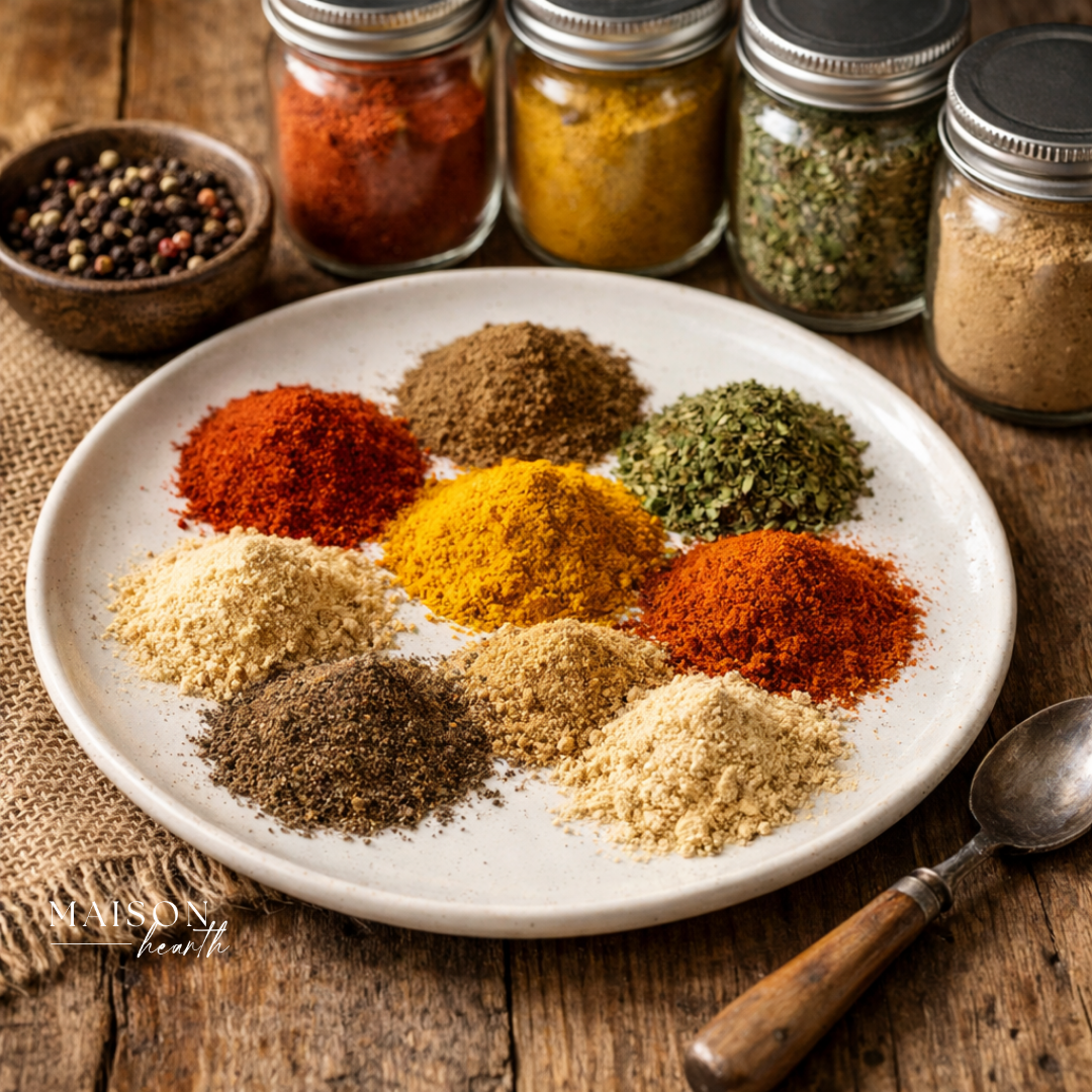 Overhead view of a white ceramic plate arranged with colorful piles of spices, surrounded by glass mason‑style spice jars with metal lids on a rustic wooden table. Includes peppercorns in a small bowl and a wooden‑handled spoon, creating a cozy, farmhouse kitchen aesthetic.