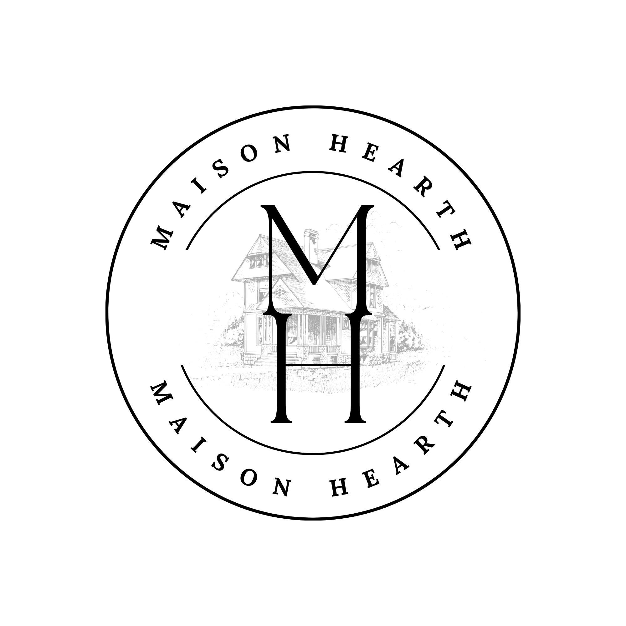 Circular logo with black “MH” initials in the center and the words “Maison Hearth” curved around the outer edge on a transparent background.