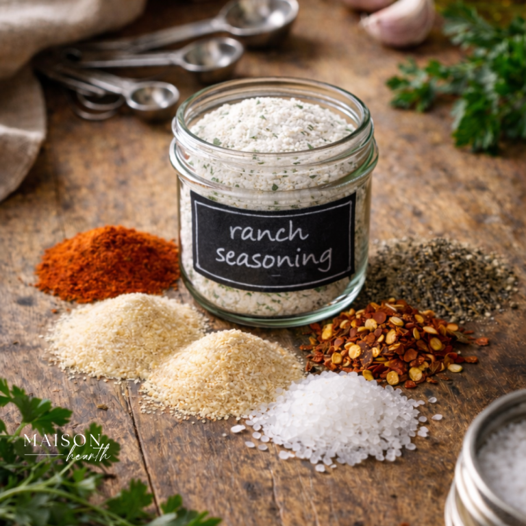 Rustic kitchen scene with a glass jar labeled ranch seasoning surrounded by colorful piles of spices on a wooden surface, with garlic cloves, metal measuring spoons, and fresh herbs in the background