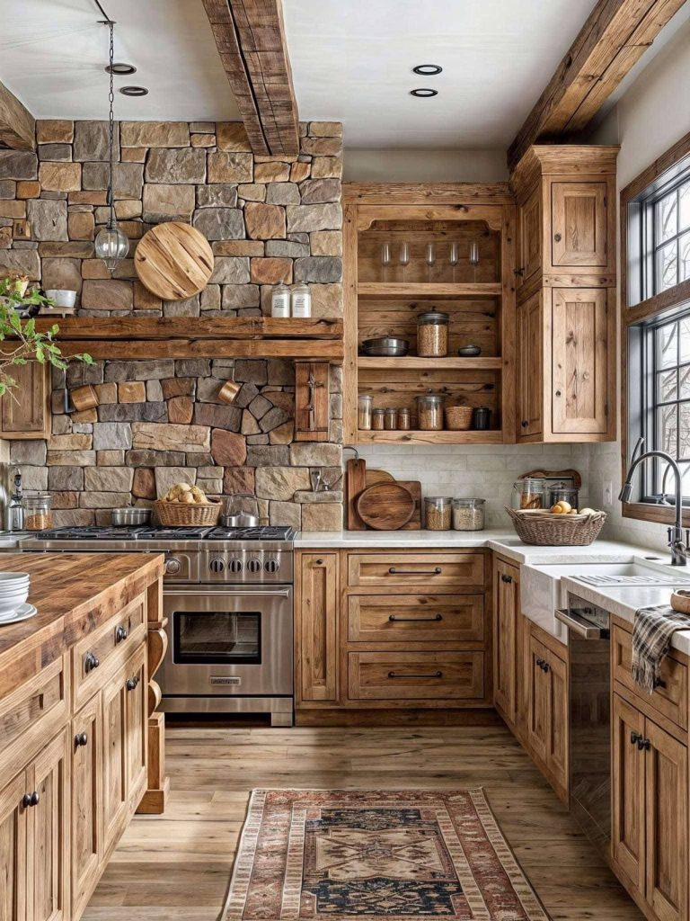 Rustic farmhouse kitchen with natural wood cabinets, stone backsplash, exposed beams, open shelving, and a farmhouse sink filled with warm, cozy décor elements.