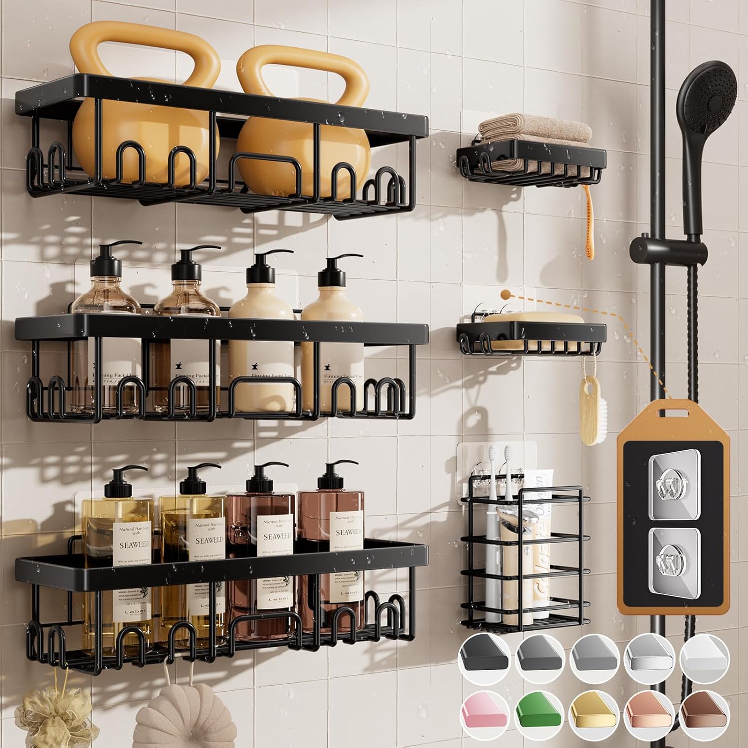 Bathroom wall with black metal storage racks holding kettlebells, labeled bottles, toiletries, and a towel beside a mounted handheld showerhead.