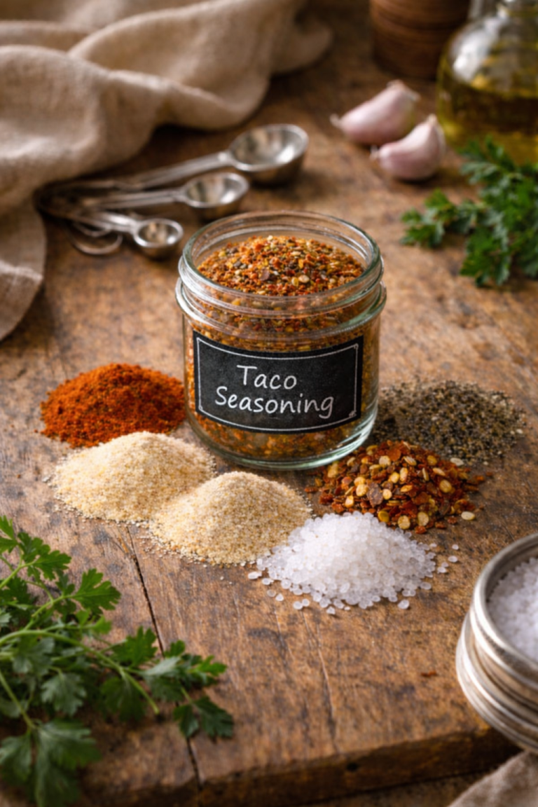 Rustic kitchen scene featuring a glass jar labeled taco seasoning surrounded by colorful piles of spices on a wooden surface, with garlic cloves, metal measuring spoons, olive oil, and fresh herbs in the background