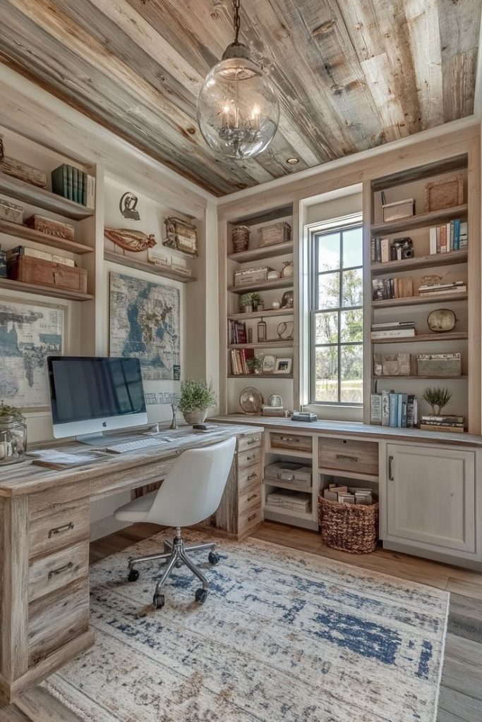 Rustic home office with a wooden desk, white swivel chair, iMac computer, built‑in bookshelves, reclaimed wood ceiling, large window, and a patterned blue‑and‑beige rug.