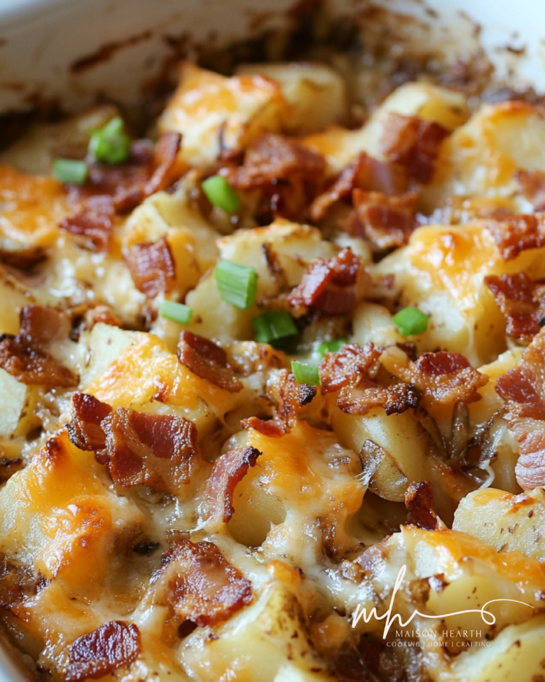 Loaded potato casserole baked in a white dish, topped with melted cheese, crispy bacon, and fresh green onions, styled with a cozy Maison Hearth aesthetic.