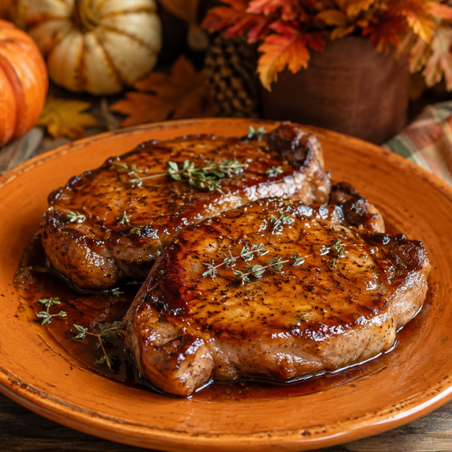 Harvest Maple Glazed Pork Chops on a pumpkin-colored stoneware plate with a sweet maple glaze and cozy autumn farmhouse background.