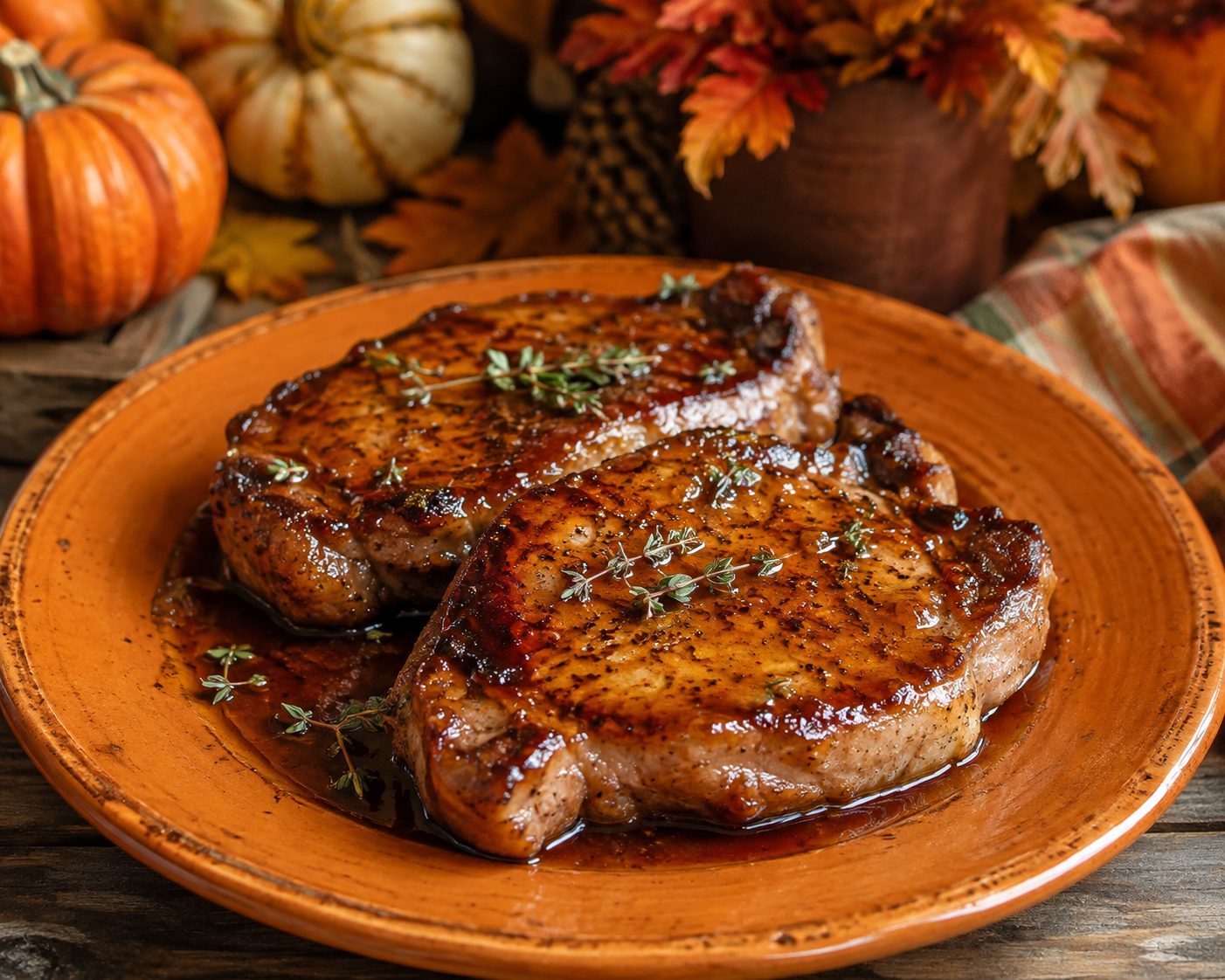 Harvest Maple Glazed Pork Chops on a pumpkin-colored stoneware plate with a sweet maple glaze and cozy autumn farmhouse background.