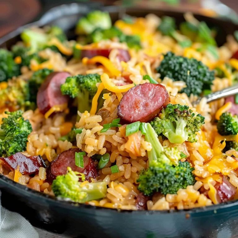 One‑pan skillet dinner with sliced sausage, fluffy rice, broccoli florets, melted cheddar cheese, and green onions mixed together for a hearty, cozy weeknight meal