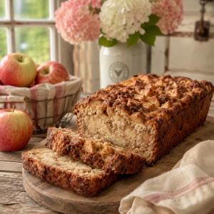 Apple Orchard Cinnamon Bread with fresh apples, cinnamon topping, and sliced loaf on a rustic farmhouse table