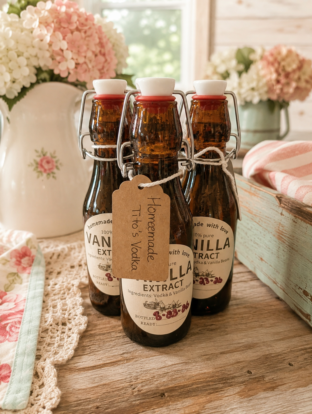 Homemade vanilla extract in amber swing-top bottles displayed on a farmhouse table with pink and white hydrangeas.