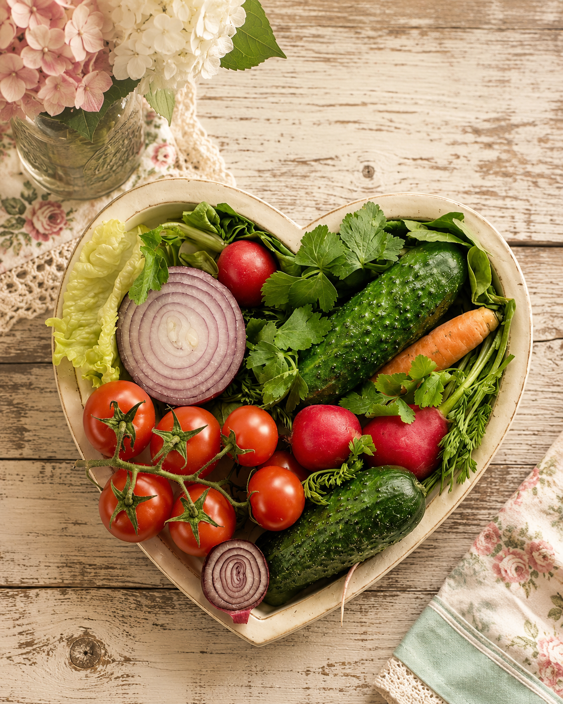 Heart-shaped bowl filled with fresh vegetables, including tomatoes, cucumbers, radishes, carrots, leafy greens and red onion, on a rustic farmhouse table.