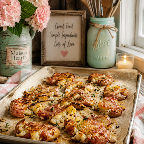 Smashed Red Potatoes with crispy golden edges, garlic, and fresh herbs on a farmhouse baking sheet