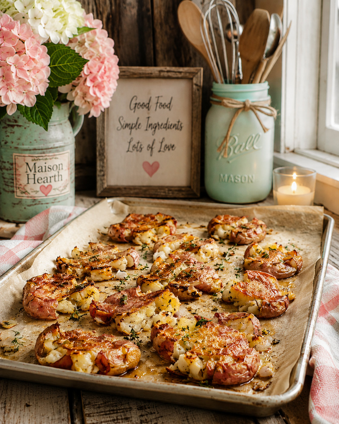 Smashed Red Potatoes with crispy golden edges, garlic, and fresh herbs on a farmhouse baking sheet