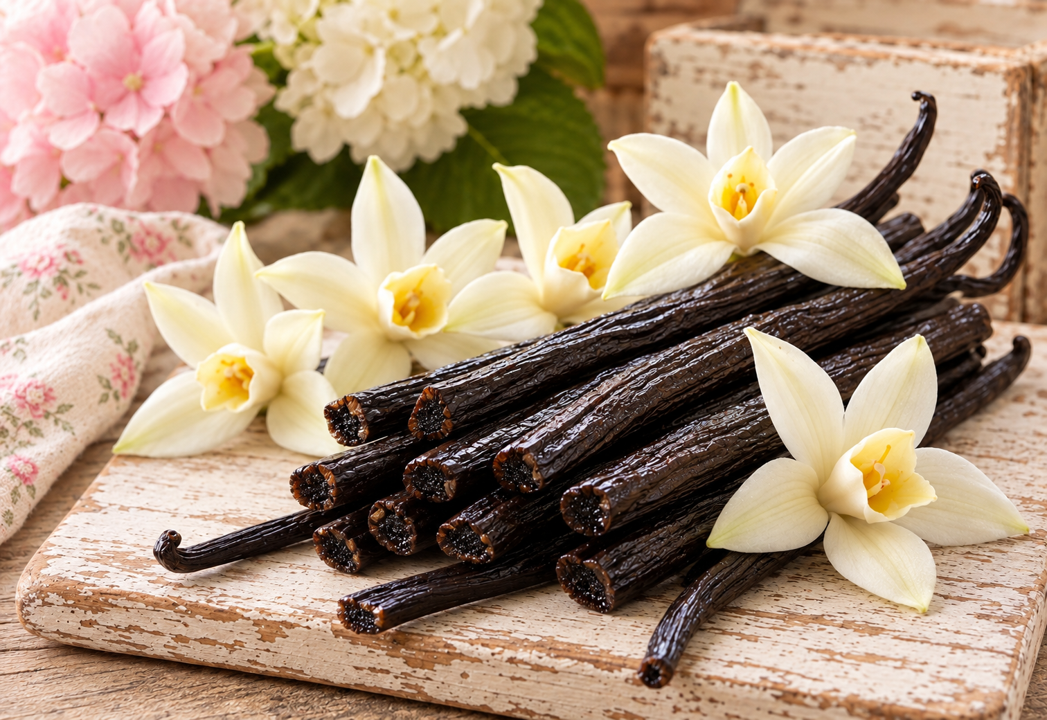 Freshly cut Madagascar vanilla beans with vanilla orchid flowers in a rustic farmhouse setting