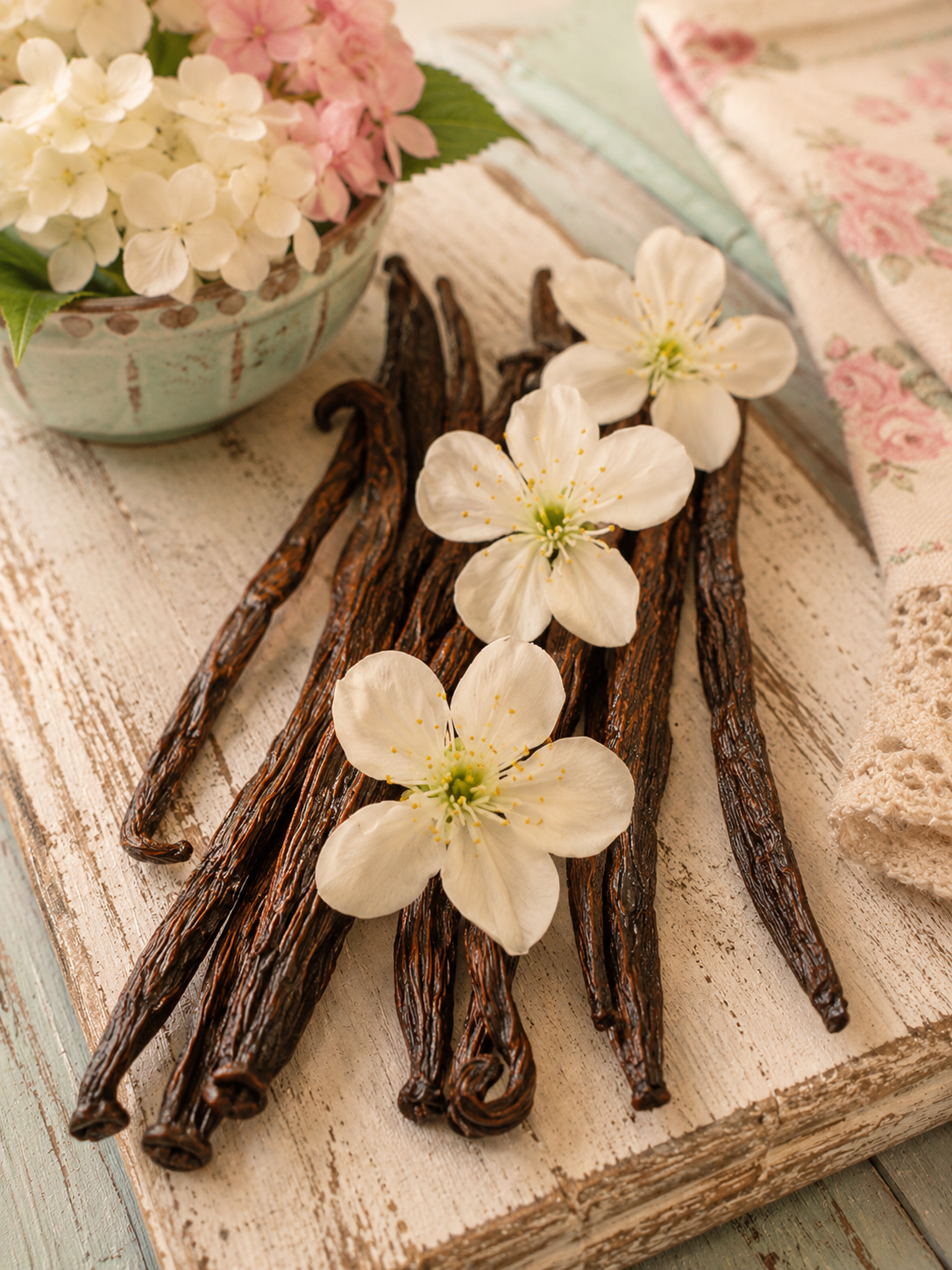 Whole vanilla beans with delicate vanilla flowers displayed on a rustic farmhouse board with pink and white hydrangeas.
