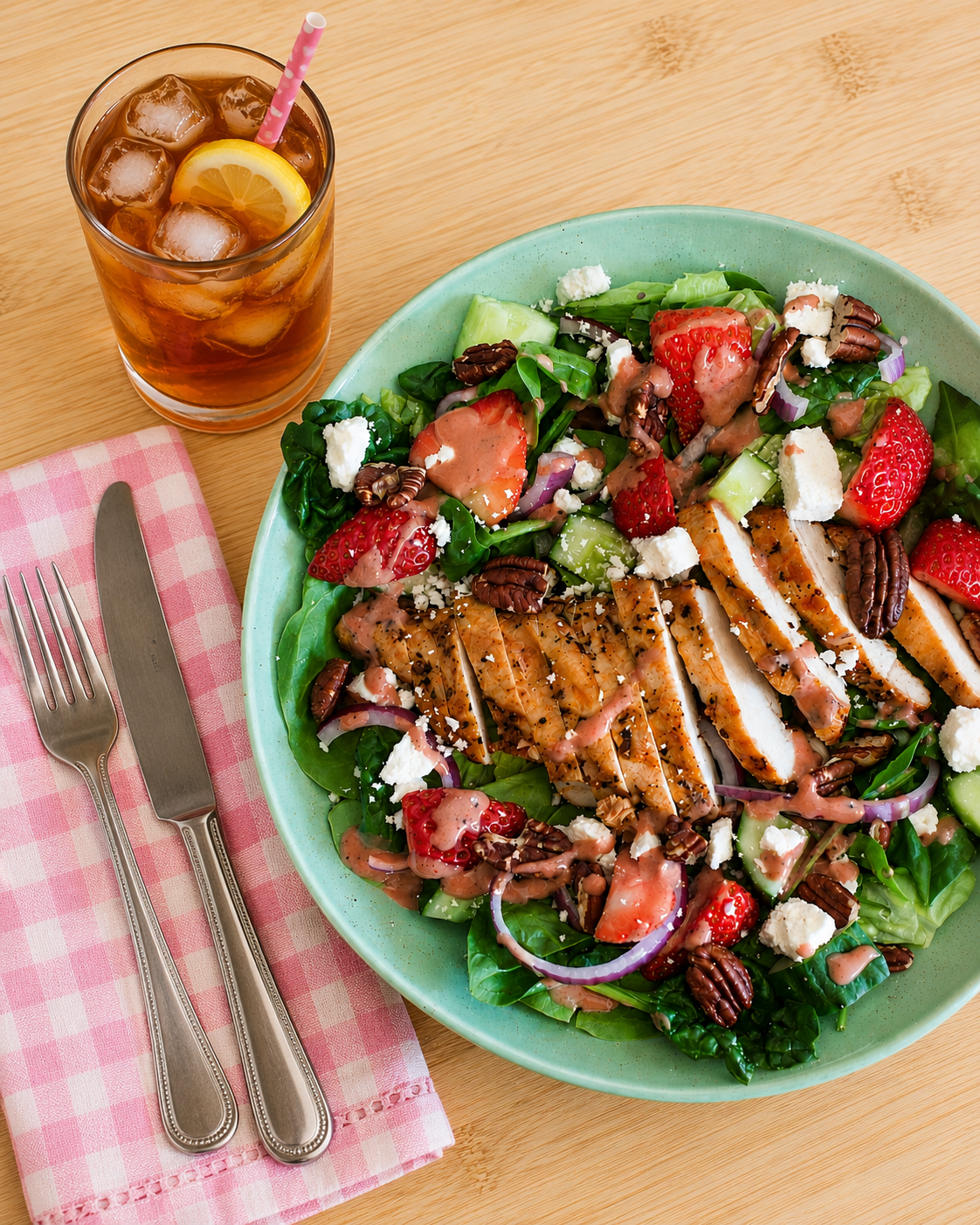 Colorful spinach salad with grilled chicken, strawberries, cucumbers, red onions, pecans, feta, and pink dressing served with iced tea on a wooden table.