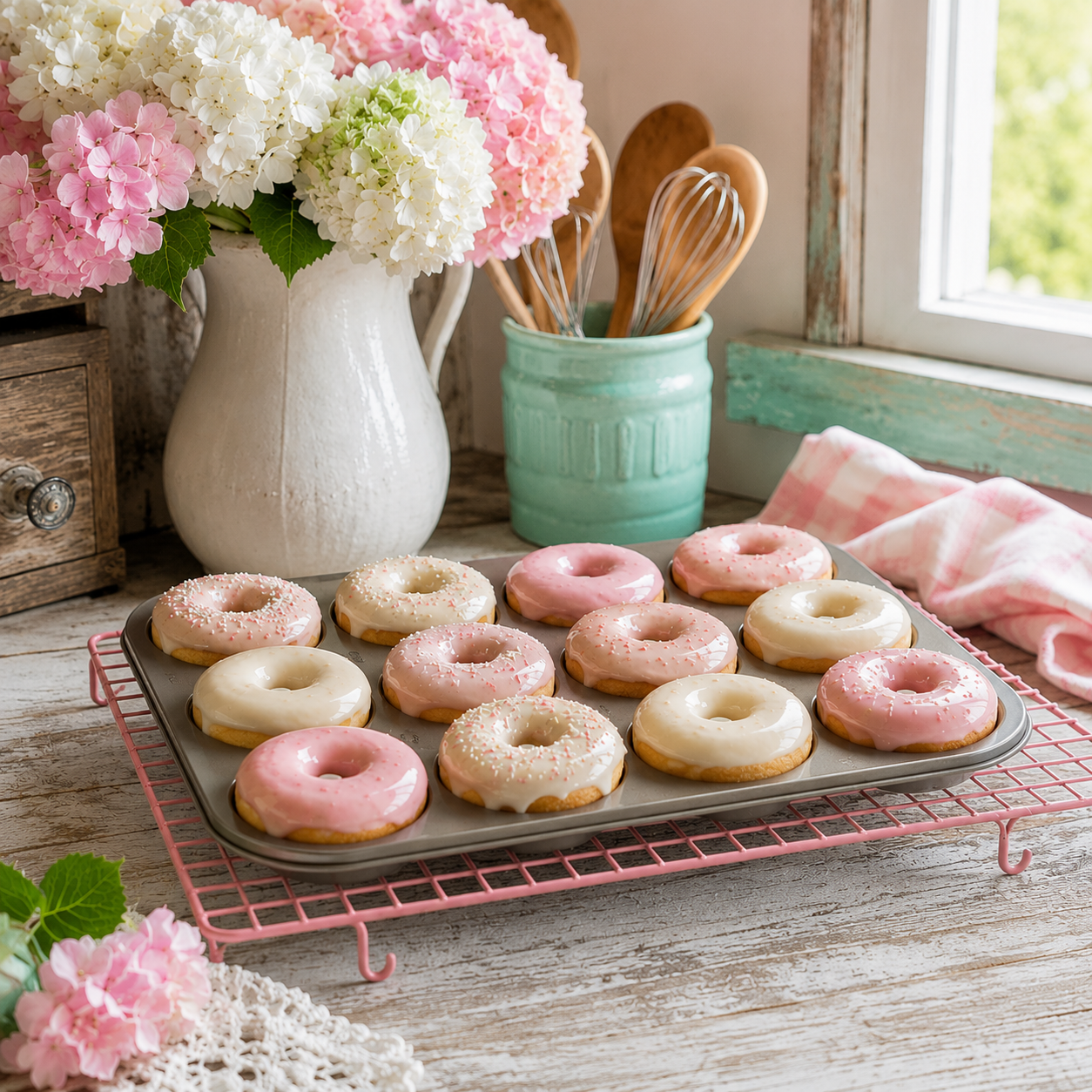 Pink and white iced donuts in a donut pan resting on a pink cooling rack in a bright farmhouse kitchen with pink and white hydrangeas.