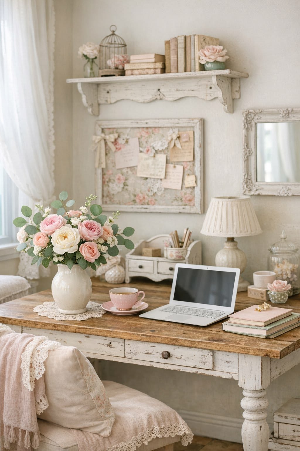 Vintage-inspired writing desk with a laptop, pink teacup, pastel books, roses in a vase, and soft natural light creating a cozy, feminine workspace.