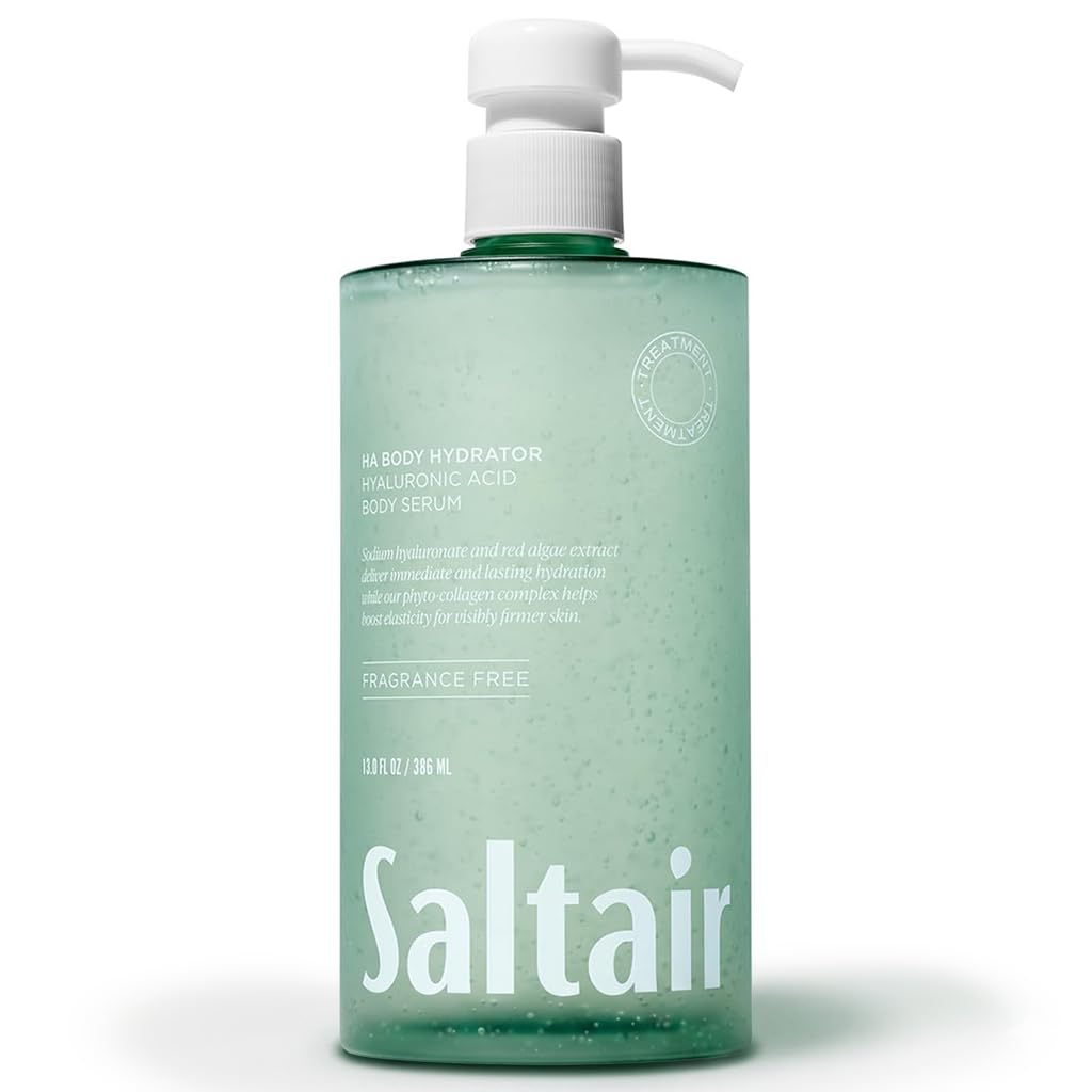 Saltair hyaluronic acid body serum in a pink pump bottle displayed against a soft pink background.