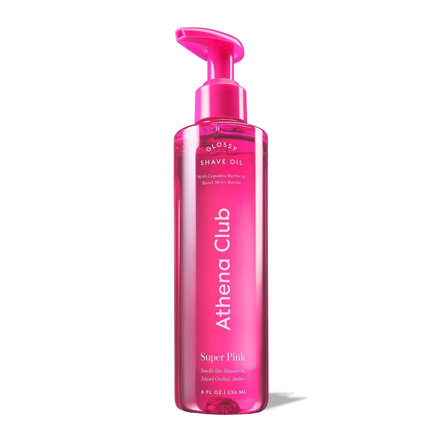 Athena Club Cloud Shave Oil in a pink pump bottle displayed against a soft pink background