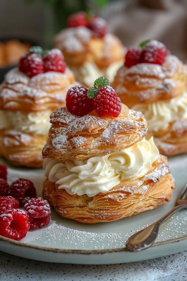 Homemade cream puffs filled with whipped cream and fresh raspberries, dusted with powdered sugar.