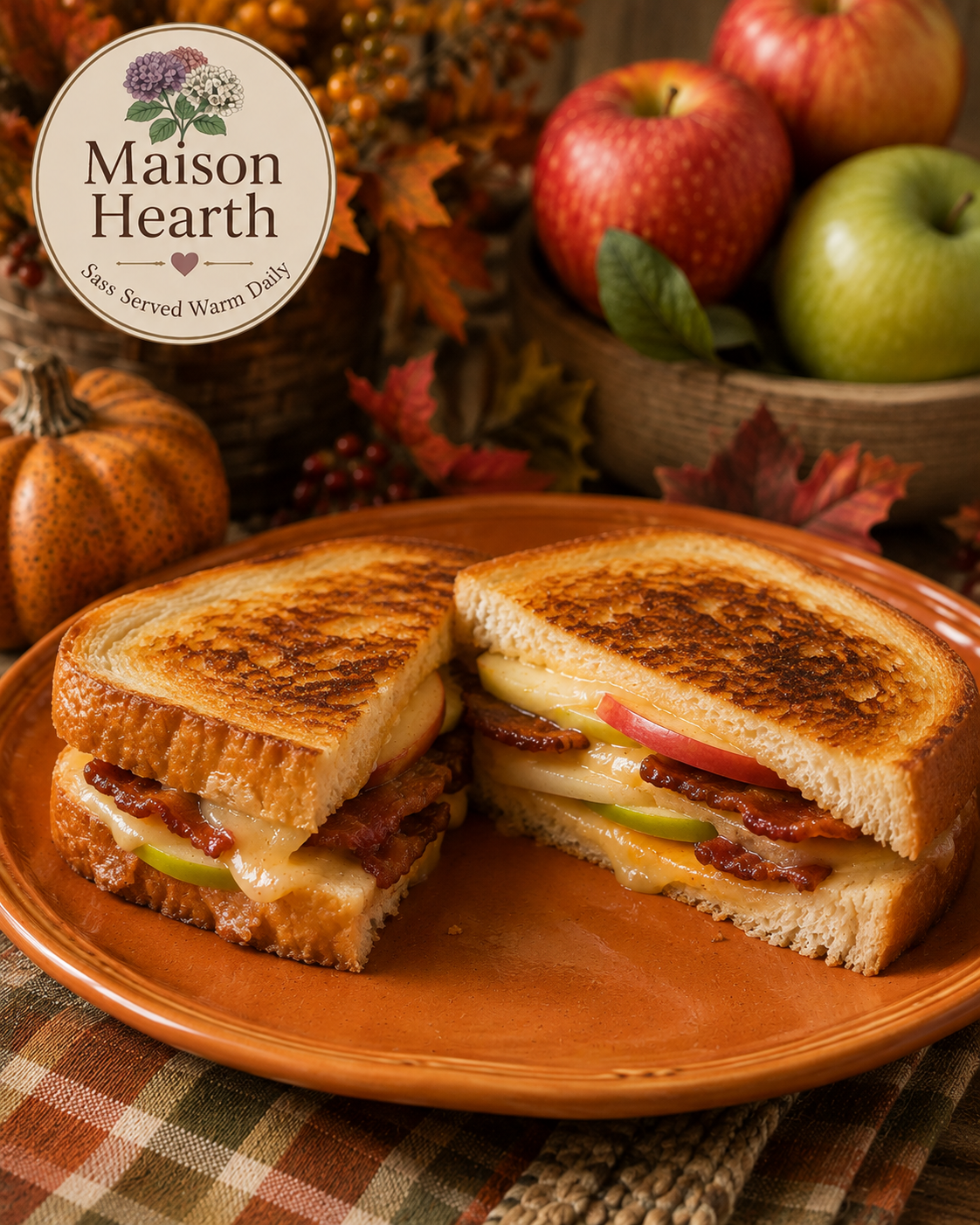 Autumn Apple Bacon Melt with melted cheddar, crispy bacon, and sliced apples on a pumpkin-colored stoneware plate
