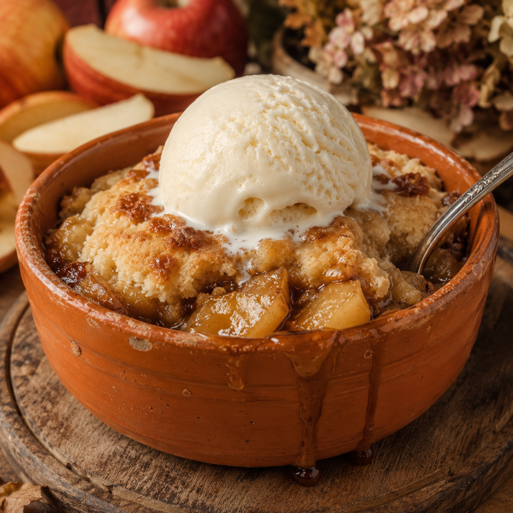 Apple Orchard Bisquick Cobbler with cinnamon apples and golden cobbler topping served in a pumpkin-colored stoneware bowl with vanilla ice cream.