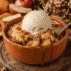 Apple Orchard Bisquick Cobbler with cinnamon apples and golden cobbler topping served in a pumpkin-colored stoneware bowl with vanilla ice cream.