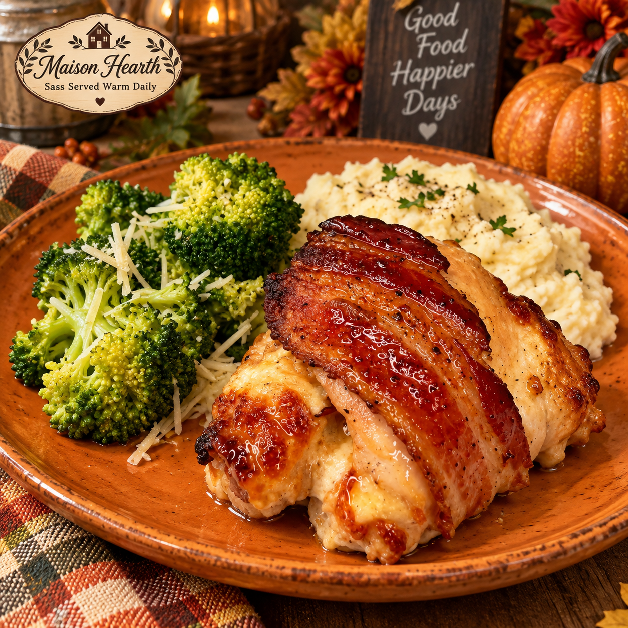Farmhouse Bacon-Wrapped Chicken Bundles served on a pumpkin-colored stoneware plate with mashed potatoes and Parmesan broccoli in a cozy autumn farmhouse setting.