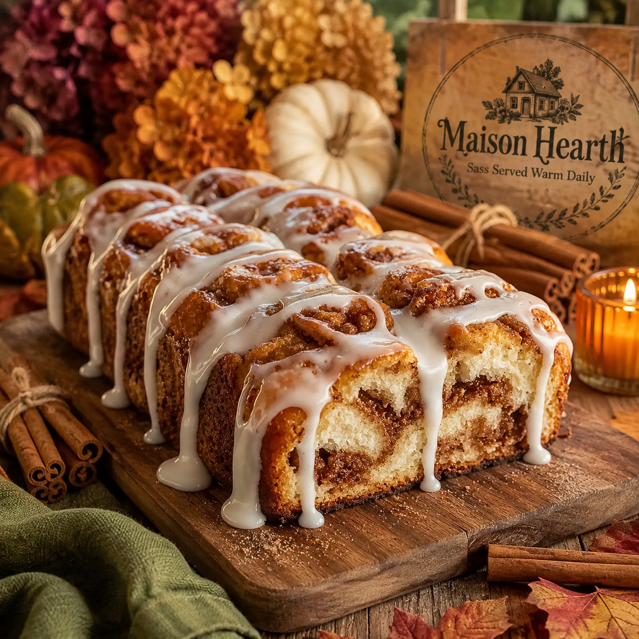 Farmhouse Cinnamon Swirl Bread with vanilla icing, cinnamon sugar layers, cinnamon sticks, pumpkins, and autumn hydrangeas.