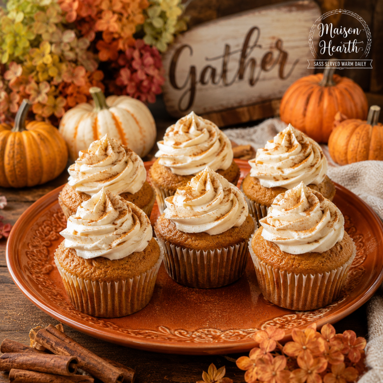 Pumpkin Spice Twice Cupcakes with pumpkin spice buttercream on a pumpkin-colored stoneware platter surrounded by pumpkins and cinnamon sticks.