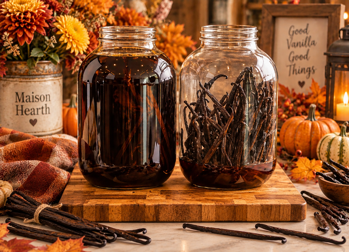 Vanilla extract Mother Jar with vanilla beans in a cozy autumn farmhouse kitchen for The Vanilla Pantry Part 6.