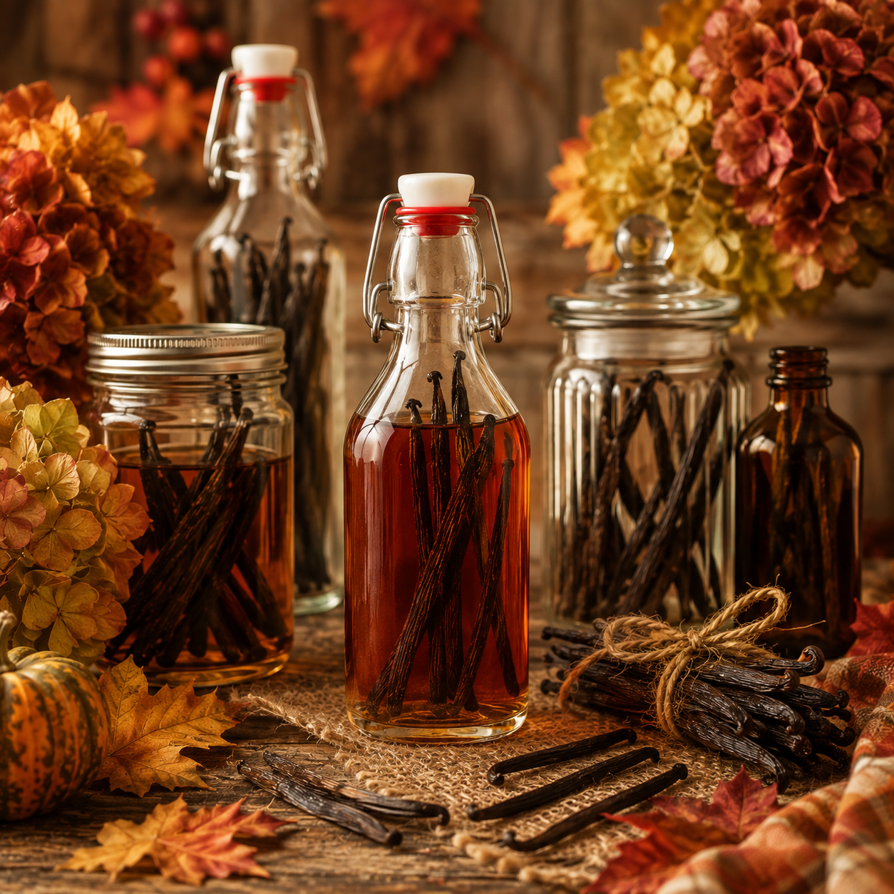 Homemade vanilla extract in glass swing-top bottles and jars surrounded by vanilla beans, autumn hydrangeas, pumpkins, and fall leaves.